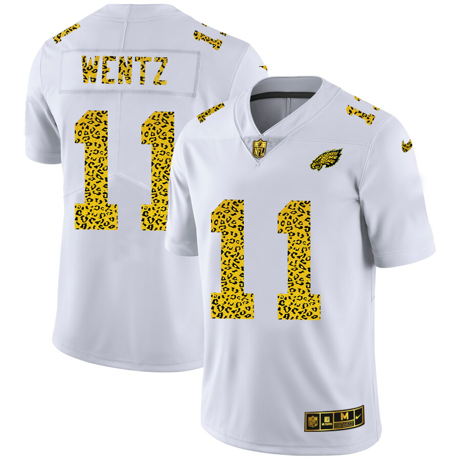 Custom Philadelphia Eagles 11 Carson Wentz Men Nike Flocked Leopard Print Vapor Limited NFL Jersey White